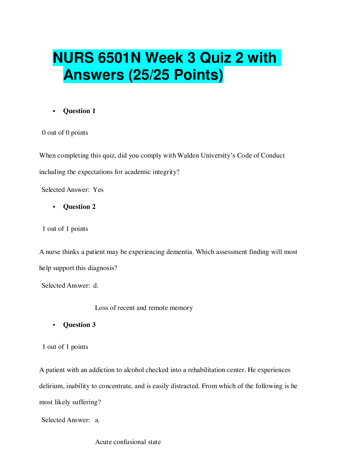 Preview image for NURS 6501N Week 3 Quiz 2 with Answers (25/25 Points)/Download to get A